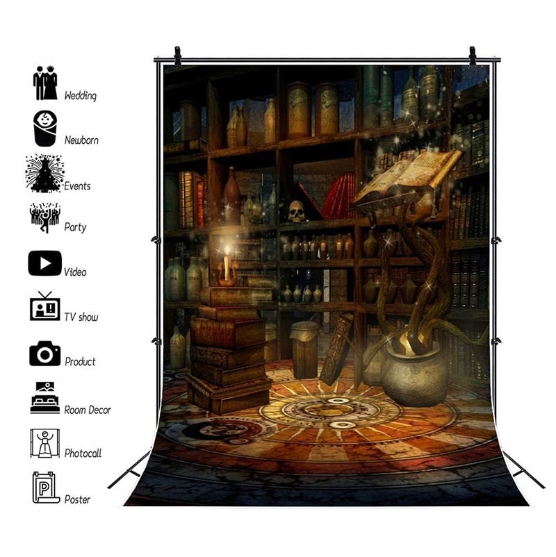 AOFOTO 5x7ft Vintage Magic Room Background Witch Magical Potion Skull Photography Backdrop Medieval Wizard Candle Bookshelf Retro Books Halloween Photo Studio Props Wallpaper Boy Girl Child Portrait - Image 2